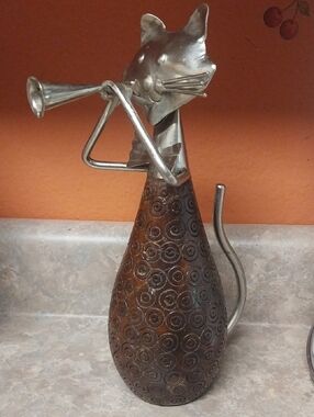 Metal Cat Figurine Trumpet Player - Brown and Silver Home Art